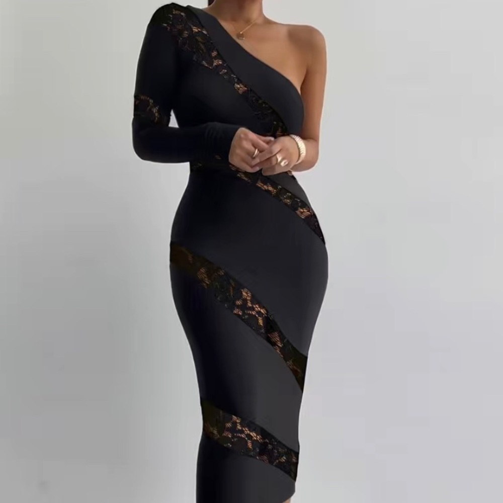 Bodycon One Shoulder Dress, Elegant Contrast Lace Asymmetrical Dress